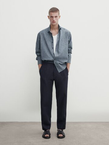 Massimo Dutti Джинсовая рубашка свободного кроя изо льна и хлопка, темно-синий