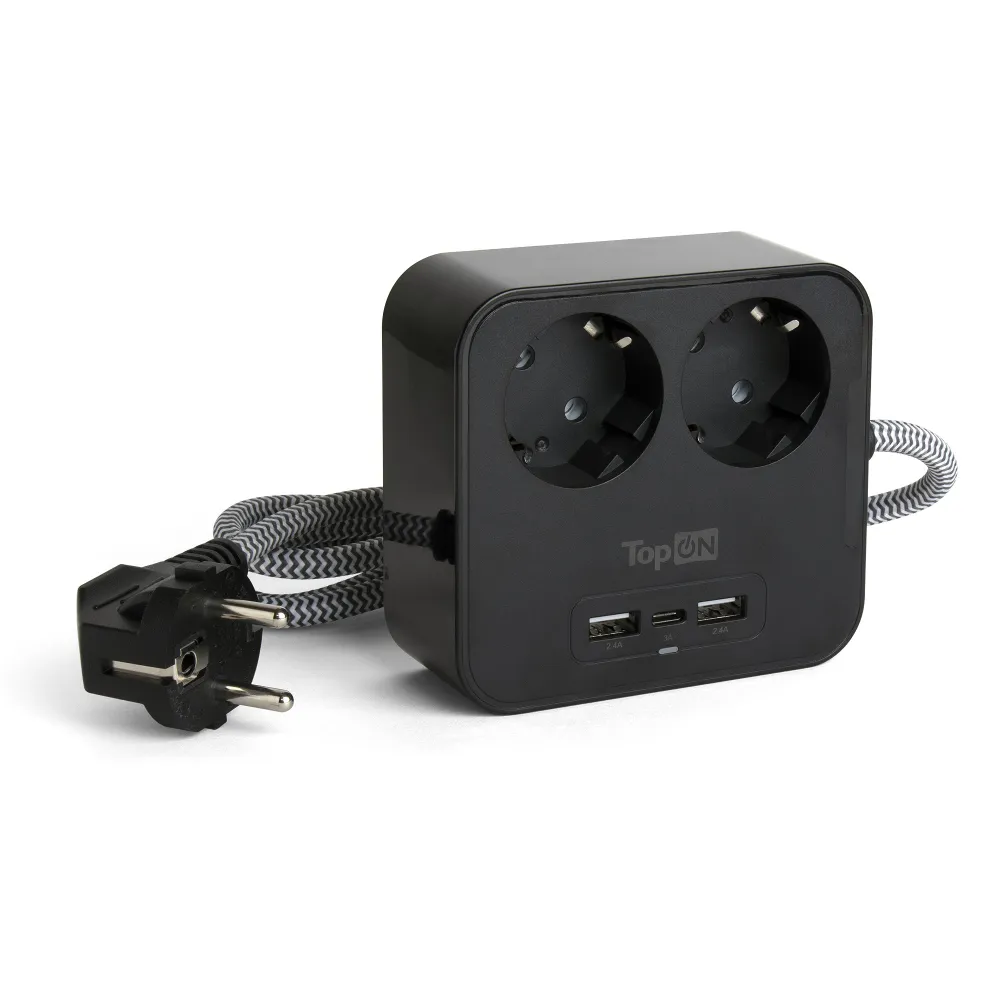 Сетевой фильтр TopON TOP-PWS2 на 2 розетки с 2 USB-A и USB-C, 4000W, 1.5 м Черный.