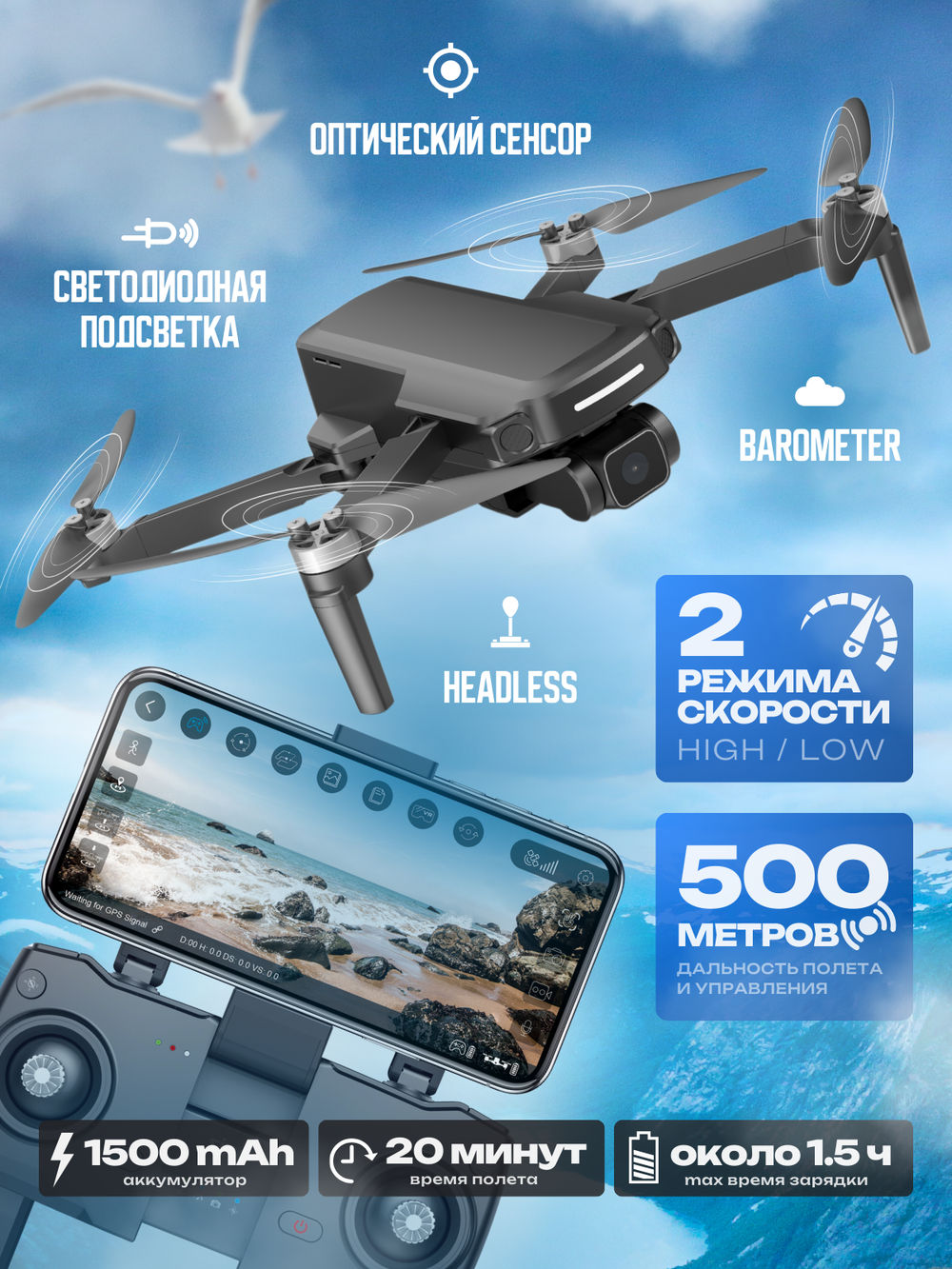 Радиоуправляемый квадрокоптер SJRC F5 2K 5G GPS 2.4G RTF - SJ-F5