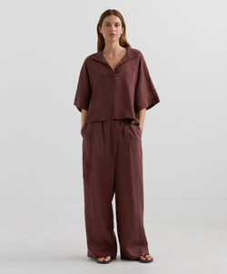 Oysho Рубашка свободного кроя с коротким рукавом из 100% льна, винный