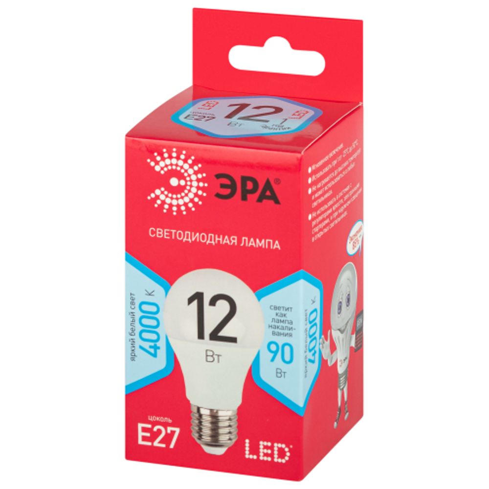 Лампа светодиодная ЭРА RED LINE LED A60-12W-840-E27 R Е27 / E27 12 Вт груша нейтральный белый свет | Лампы cветодиодные Груша (A)