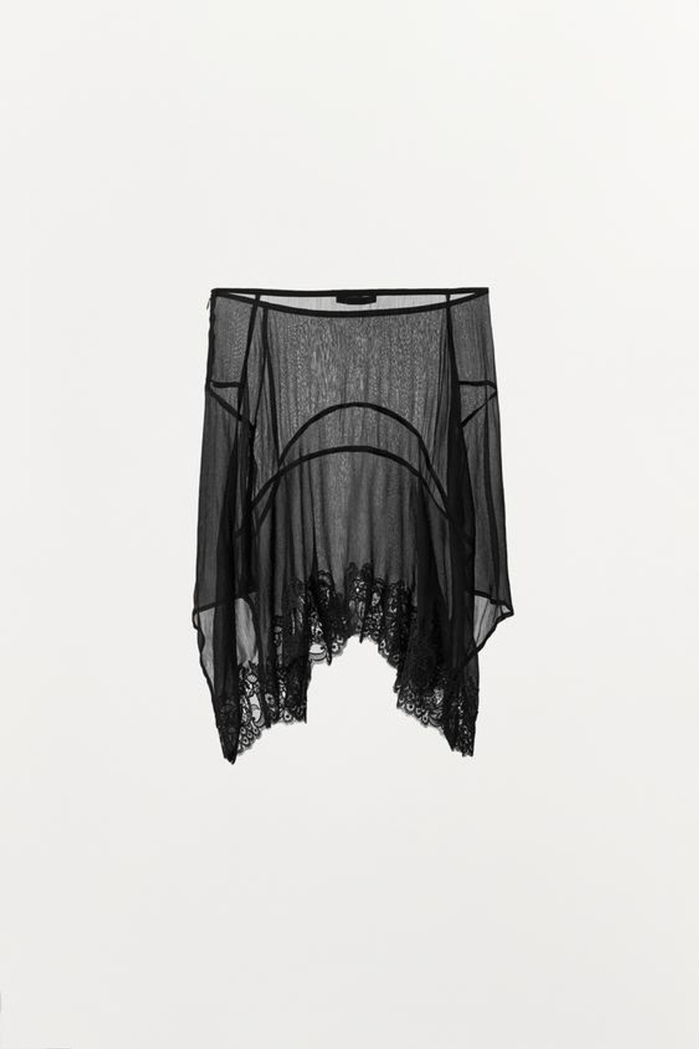 ZARA АСИММЕТРИЧНАЯ ЮБКА ИЗ ЖОРЖЕТА С КРУЖЕВОМ, ЧЕРНЫЙ