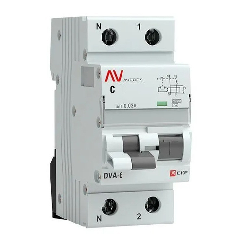 Дифавтомат AVERES DVA-6 C16А 1P+N 30мА тип A однофазный электромеханический 6кА EKF (дифференциальный автомат, АВДТ) rcbo6-1pn-16C-30-a-av