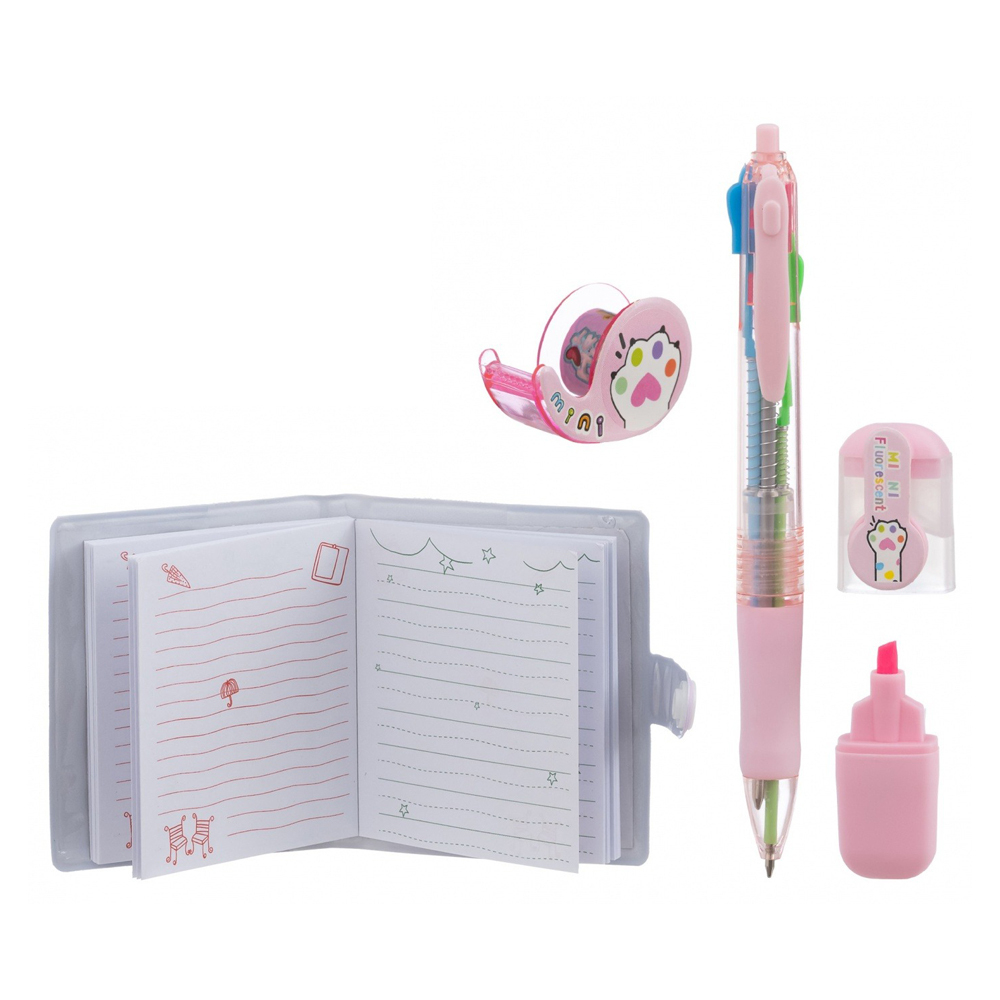 Канцелярский набор Basir с цветным текстовыделителем, 4-ех цветной ручкой, скотчем и блокнотом, серия "Лапки", ассорти, 19.7*11 см