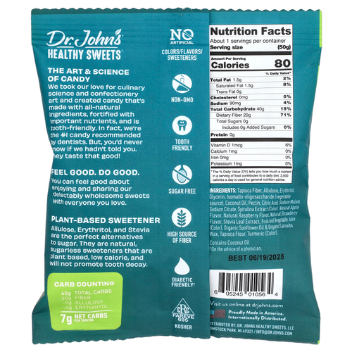 Dr. John's Healthy Sweets, Жевательные квадратики, без сахара, зеленое яблоко, голубая малина и клубника, 50 г (1,8 унции)