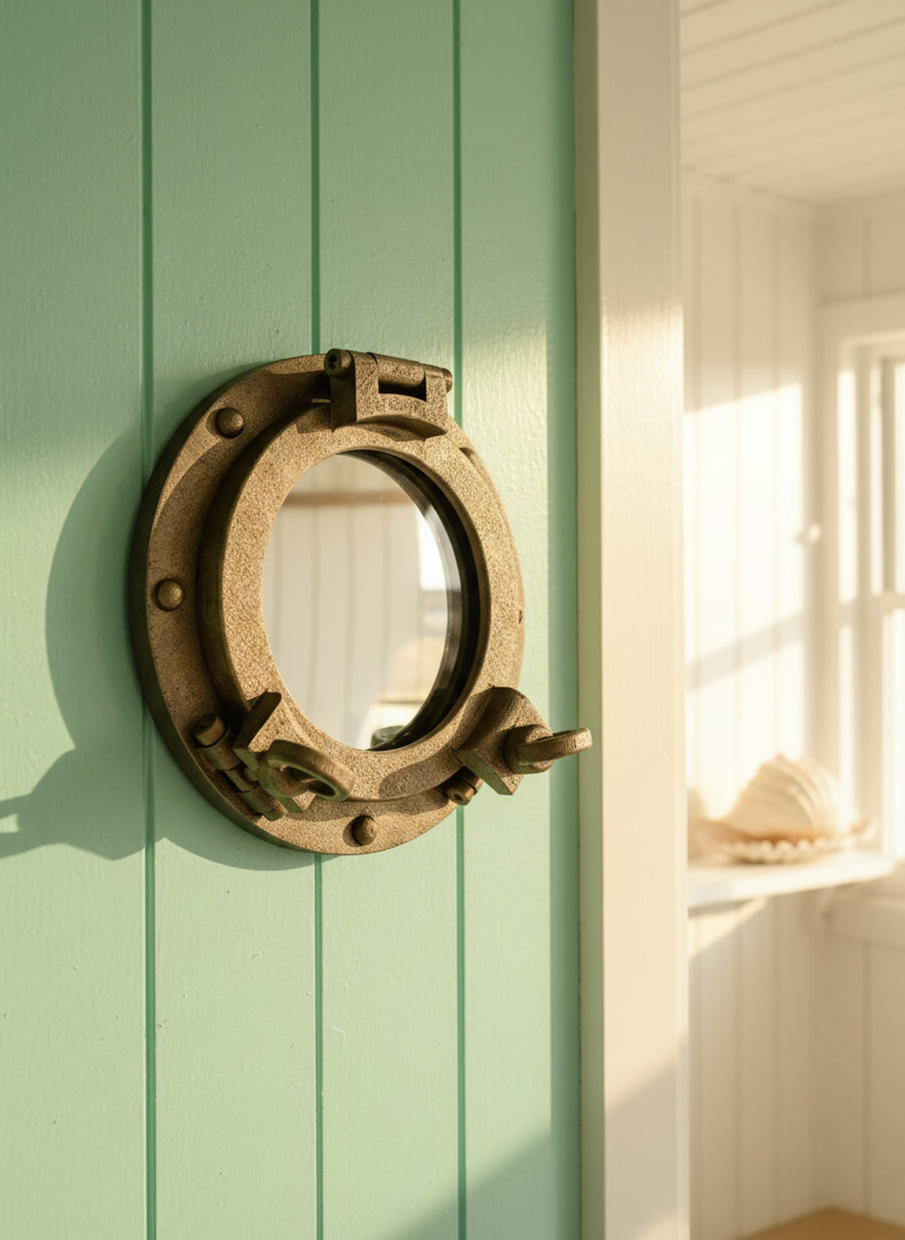 WOODandROOT зеркало-иллюминатор с латунным патинированным декором на бирюзовой стене, лёгкий морской интерьер и мягкий свет.