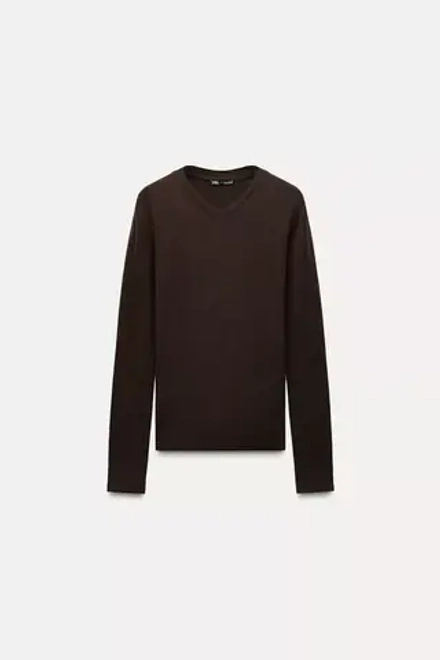 ZARA ФУТБОЛКА ИЗ МЯГКОЙ ТКАНИ С ДЛИННЫМИ РУКАВАМИ, ТЕМНО-КОРИЧНЕВЫЙ