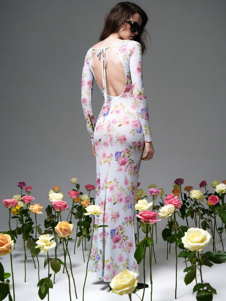 Моне макси (Monet maxi), платье макси из голубой сетки с цветочным принтом