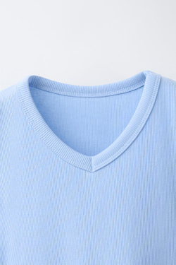 ZARA ТОП В РУБЧИК С V-ОБРАЗНЫМ ВЫРЕЗОМ, НЕБЕСНО-ГОЛУБОЙ