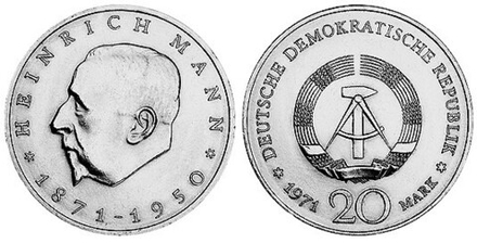 Германия - ГДР 20 марок, 1971 Генриха Манна aUNC