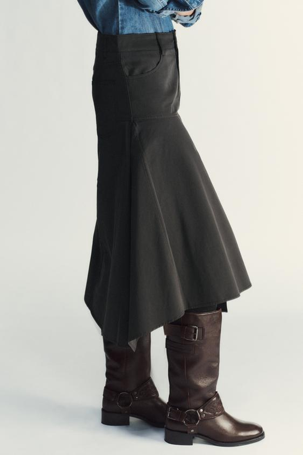 ZARA ЮБКА МИДИ АСИММЕТРИЧНОГО КРОЯ, ЛИНЯЛЫЙ ЧЕРНЫЙ