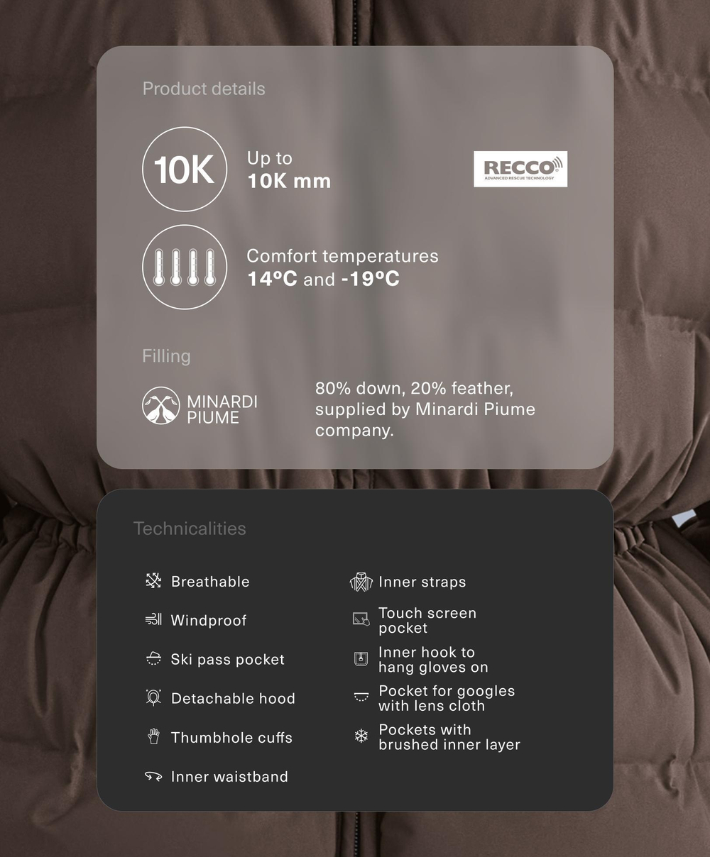 Oysho Легкий водонепроницаемый короткий пуховик Minardi Piume Kayak, темно-коричневый