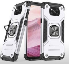 Противоударный чехол для Xiaomi Poco X3 серебро с пластиной для магнитного автодержателя и кольцом подставкой / чехол с держателем на палец для Сяоми Поко Х3