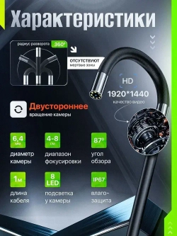 Автомобильный поворотный эндоскоп для смартфона, камера