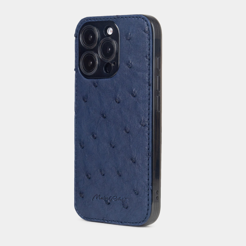 Чехол для iPhone 16 Pro из кожи страуса, синего цвета
