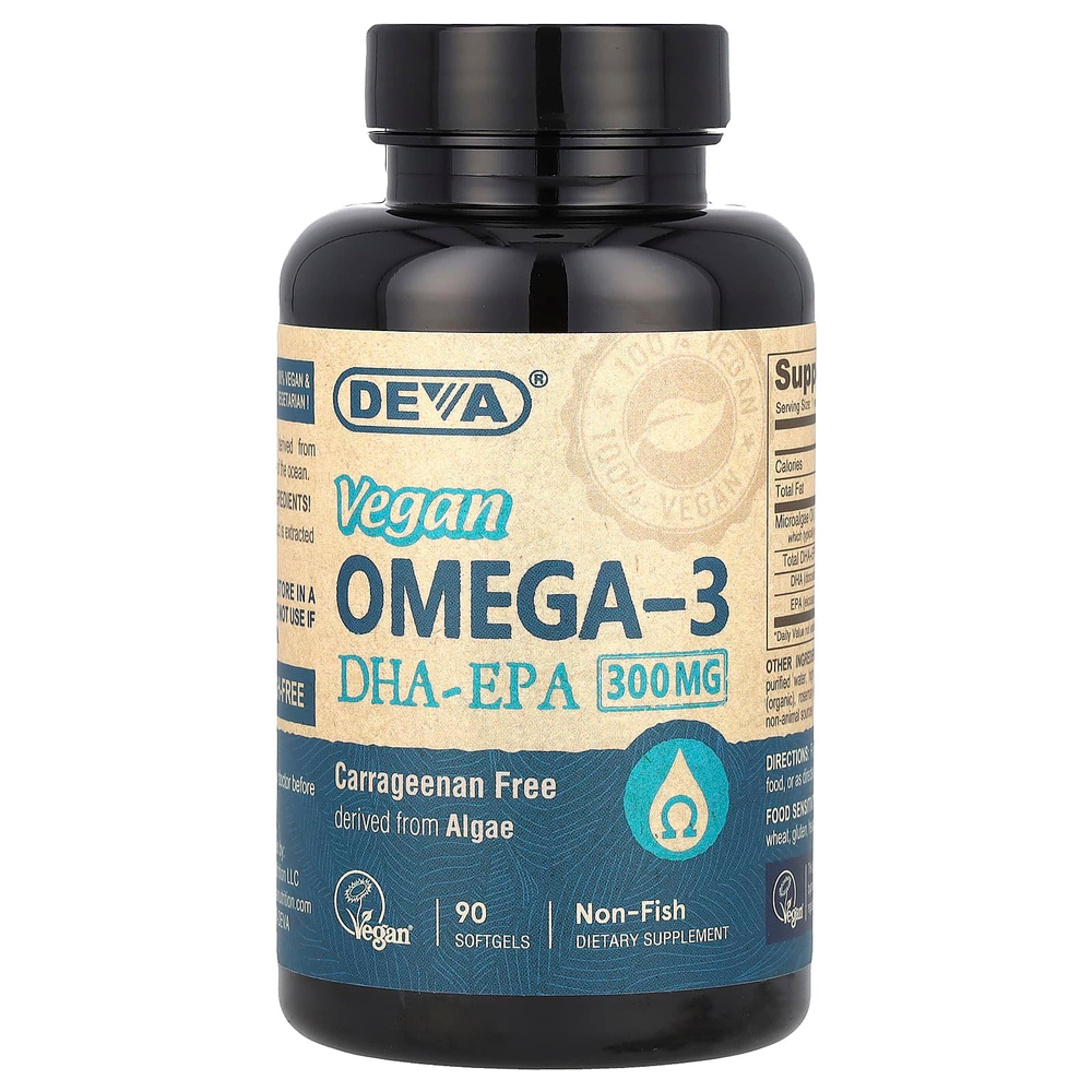 Deva, Веганская Омега-3, ДГК-ЭПК, 300 мг, 90 веганских мягких таблеток