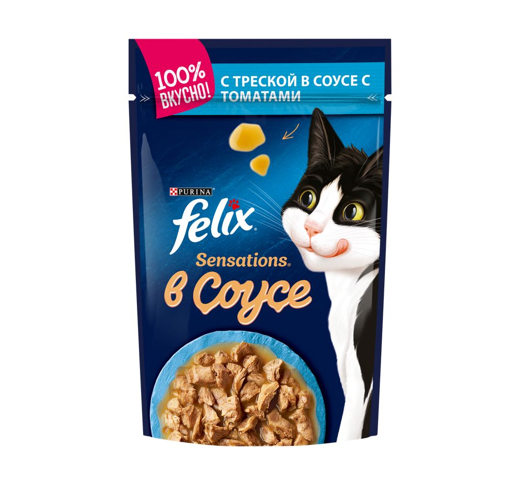Влажный корм для кошек Felix Sensations кусочки в соусе с треской и томатами 75 г