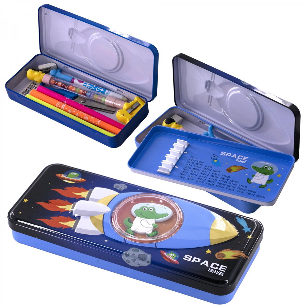 Пенал металлический 2 отделения Alingar, таблица умножения, органайзер, 100 х 220 мм, "Space travel. Космонавт", голубой (крокодильчик в ракете)