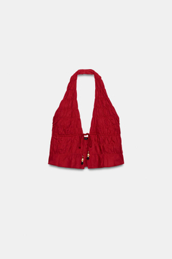 ZARA УКОРОЧЕННЫЙ ТОП ХАЛТЕР ИЗ ЛЬНА, ГРАНАТОВЫЙ