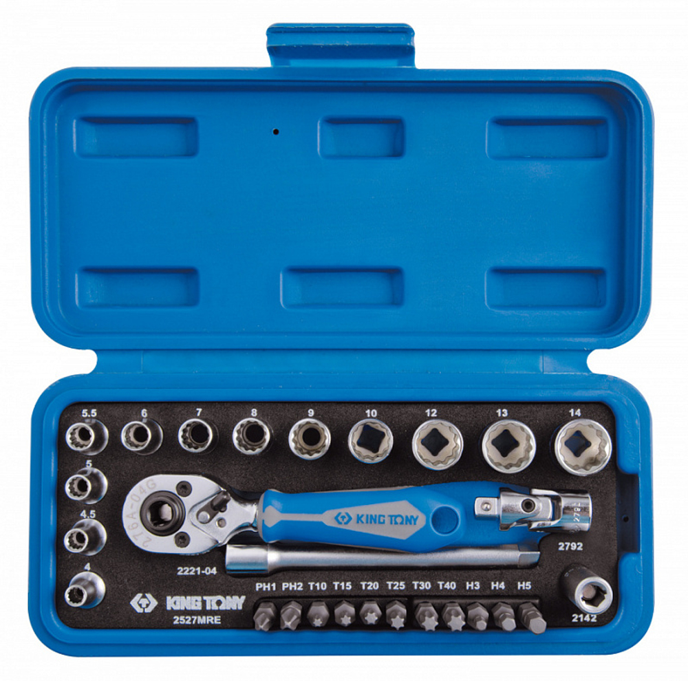 Набор торцевых головок с принадлежностями 1/4"", двенадцатигранные, 4-14 мм, 27 предметов