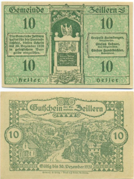 Австрия 10 геллеров 1920 Цайллерн aUNC