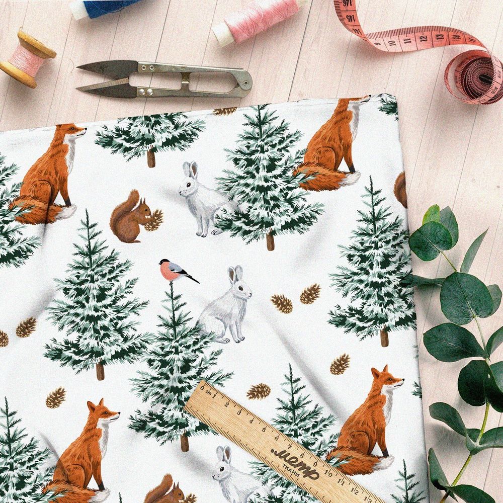 Ткань интерлок лисы в елках