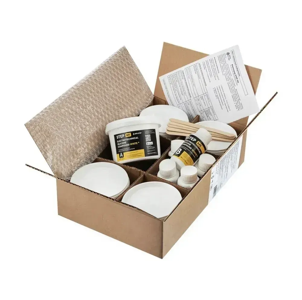 Компаунд силиконовый белый для распределительных коробок STEP-M1 2,5л (уп. 5 шт по 500 мл)