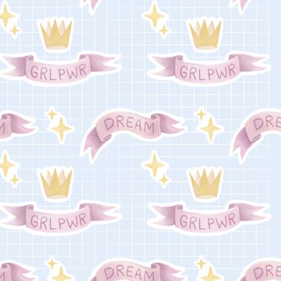 GRL PWR DREAM короны с лентами и звезды на голубом