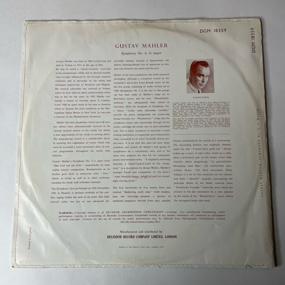 Винтажная виниловая пластинка LP Gustav Mahler Малер, Soprana Solo Anny Schlemm Conducted By Leopold Ludwig Симфония Symphony No. 4, G Major (Англия 1957)