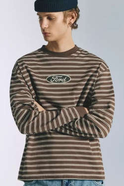 PULL&BEAR Футболка в полоску с длинным рукавом Ford, коричневый