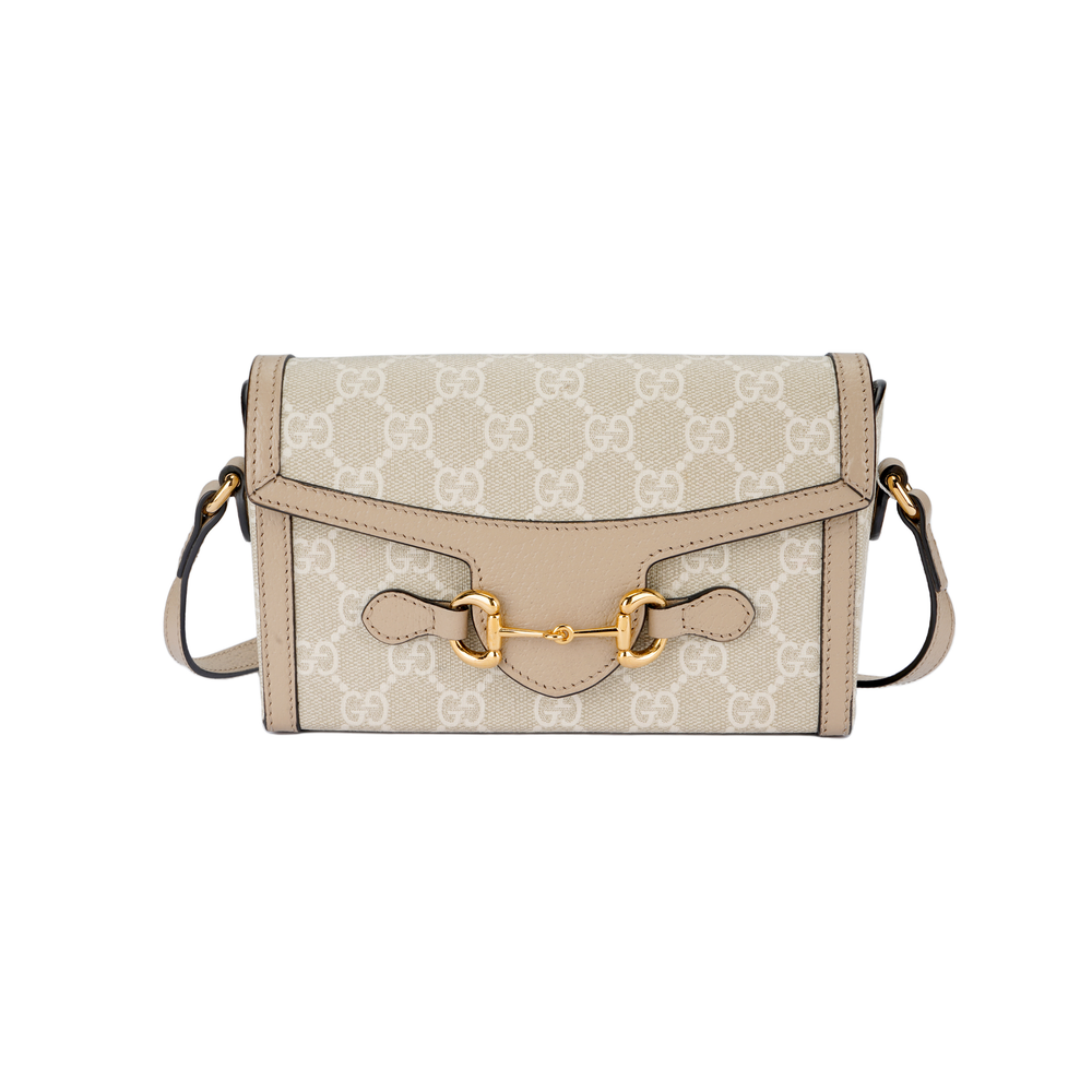 GUCCI Horsebit 1955 Canvas With Leather Trim Box Bag Shoulder Bag, Crossbody Bag Mini Women"s Beige & White