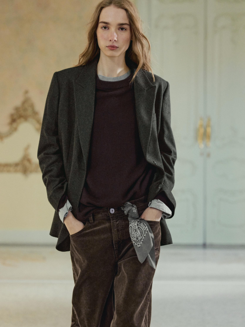 Massimo Dutti Блейзер из 100% шерстяной фланели с лацканами, шоколадный