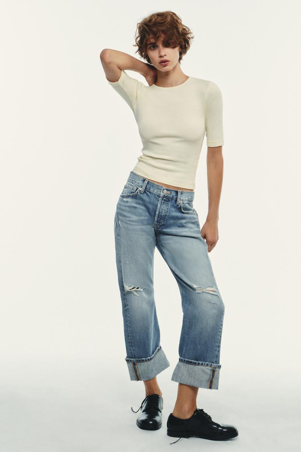 ZARA ХЛОПКОВАЯ ФУТБОЛКА С ЭФФЕКТОМ ПОТЕРТОСТИ, СВЕТЛО-ЖЕЛТЫЙ