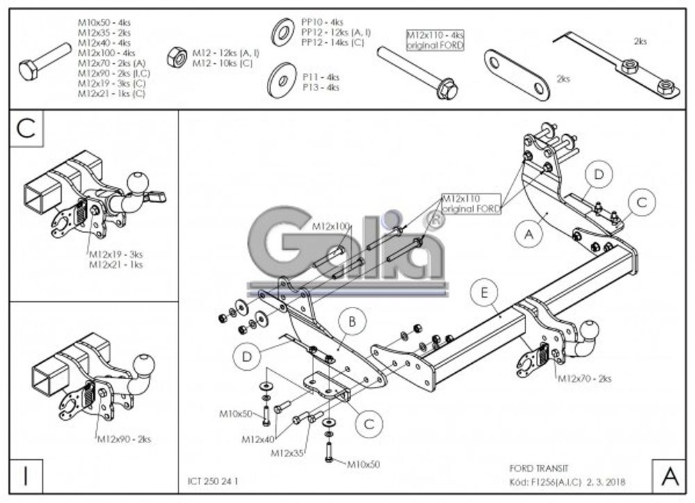 Фаркоп оцинкованный Galia F125C для Ford Tourneo 2013-, Ford Transit 2013-(паспорт и сертификат в комплекте)(без электрики)