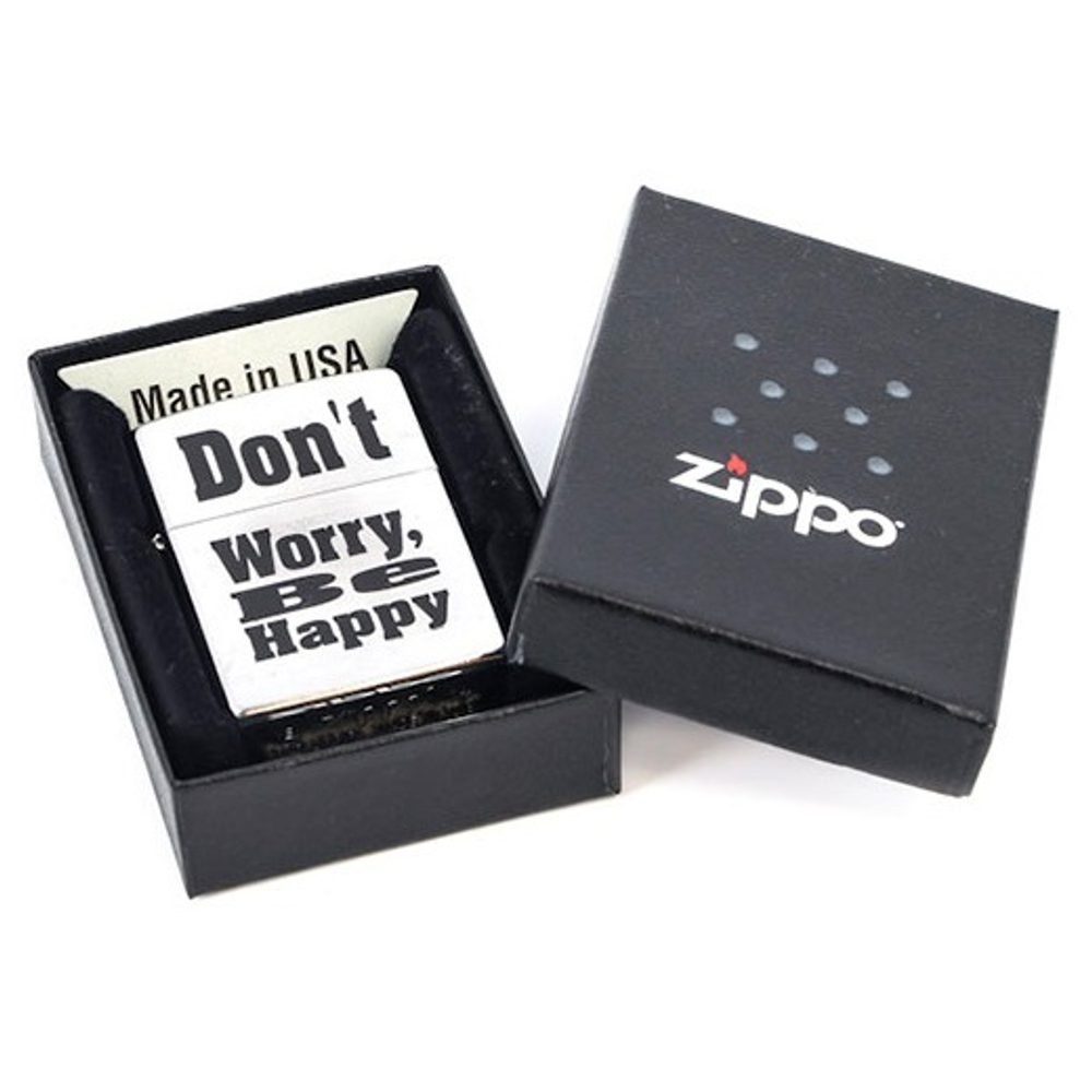 Зажигалка серебристая матовая Zippo Don't worry с покрытием Brushed Chrome