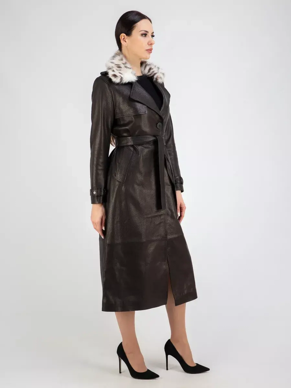 Кожаный тренч длинный с поясом плащ