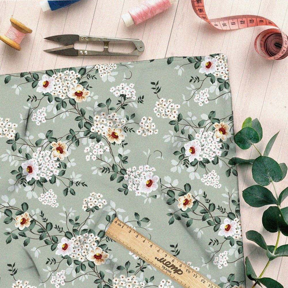 Ткань мембрана цветы Невеста на бирюзовом