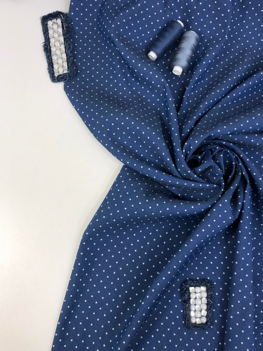 Джинс принт горох мелкий, белый/синий темн, облегченный D1С1