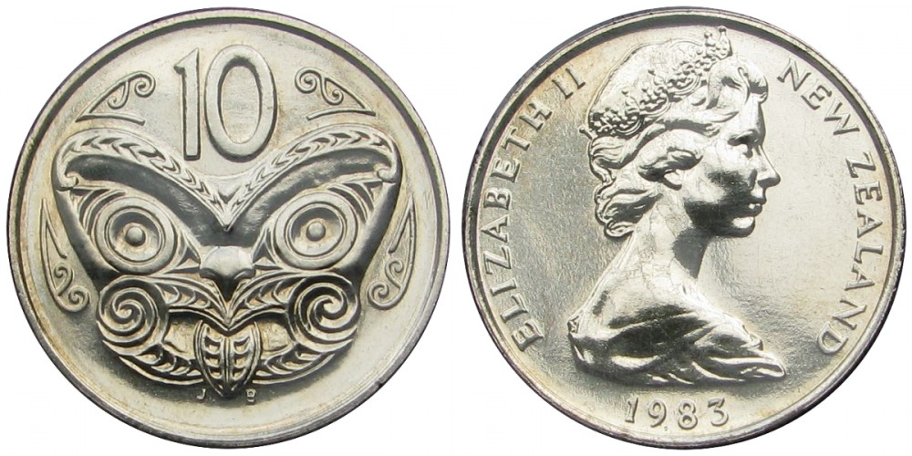 Новая Зеландия 10 центов, 1970 - 1985 Маска XF
