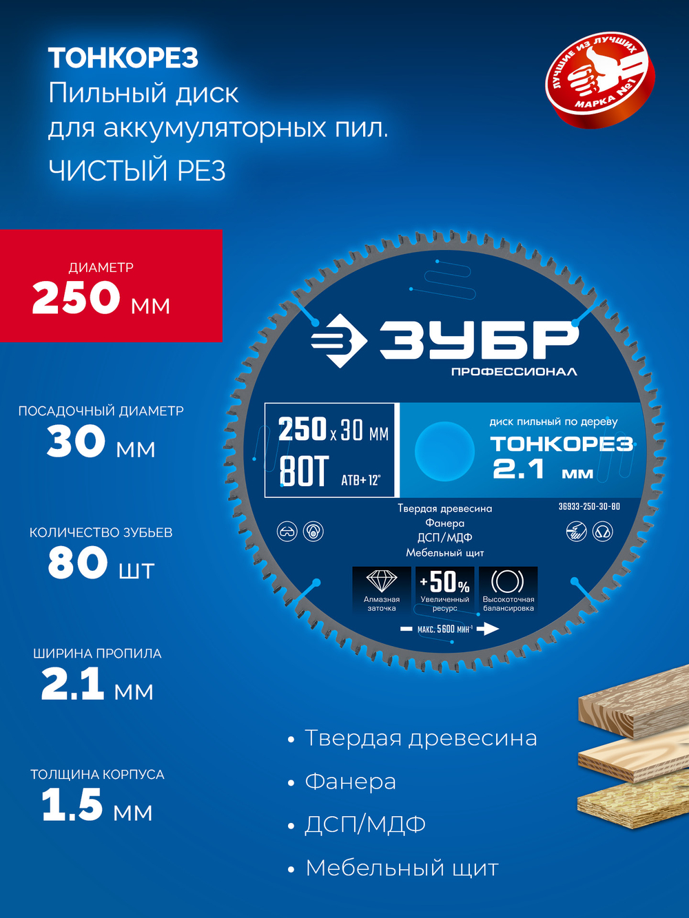 ЗУБР Тонкорез 250х30 x 2.1 мм, 80Т, диск пильный по дереву тонкий рез, Профессионал (36933-250-30-80)