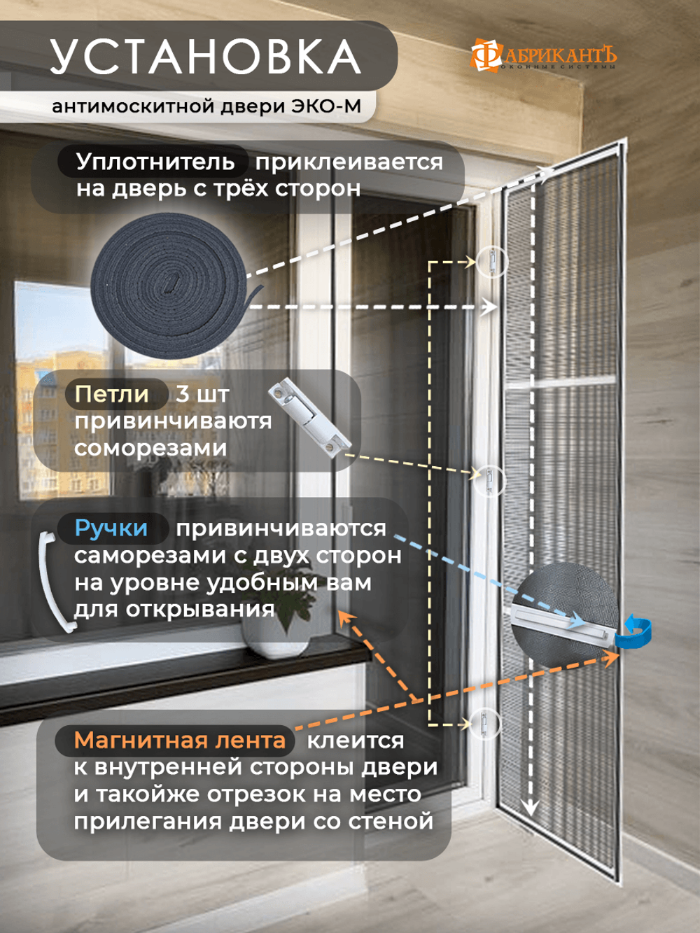 Антимоскитная дверь 217*58 см для балконной, входной двери, белая