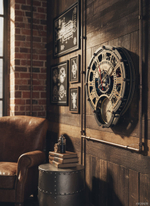 Часы WOODandROOT Automaton 1722 в интерьере лофт — открытый механизм, латунные винты, барометр внизу, атмосфера старинной мастерской