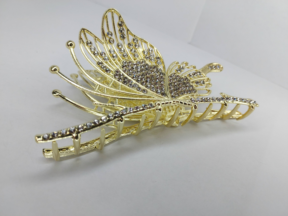 Заколка Краб "Бабочка" со стразами. Металл. Золото. Усиленная.Для волос.