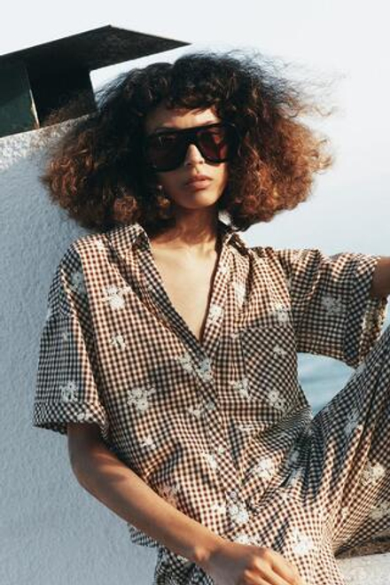 ZARA РУБАШКА В КЛЕТКУ С ВЫШИВКОЙ, КОРИЧНЕВЫЙ/ЭКРЮ