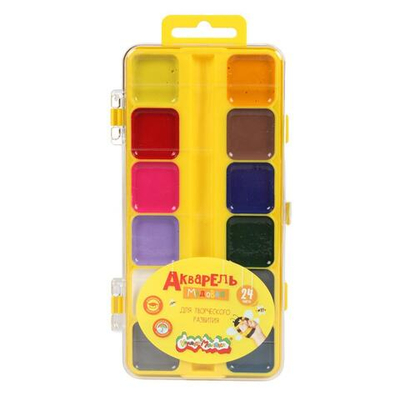 Акварель 24 цвета, без кисти, квадратный кювет, пластик (Каляка-маляка)