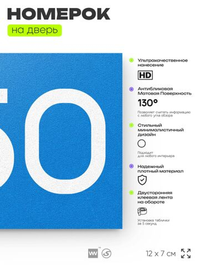 Номер на дверь 250, табличка на дверь для офиса, квартиры, кабинета, аудитории, склада, голубой 120х70 мм, Айдентика Технолоджи