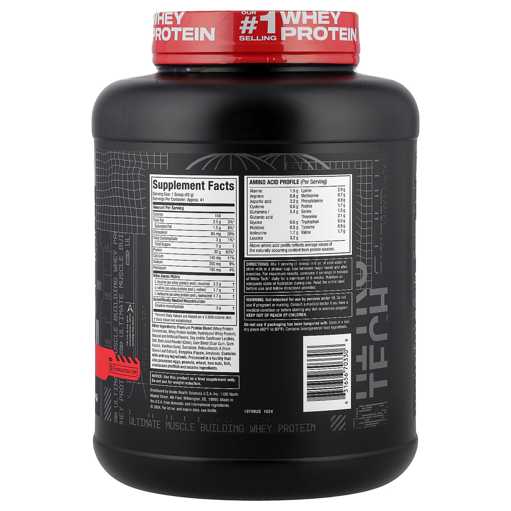MuscleTech, серия Performance, Nitro Tech, основной источник сывороточных пептидов и изолятов, клубничный вкус, 1,81 кг (4 фунта)