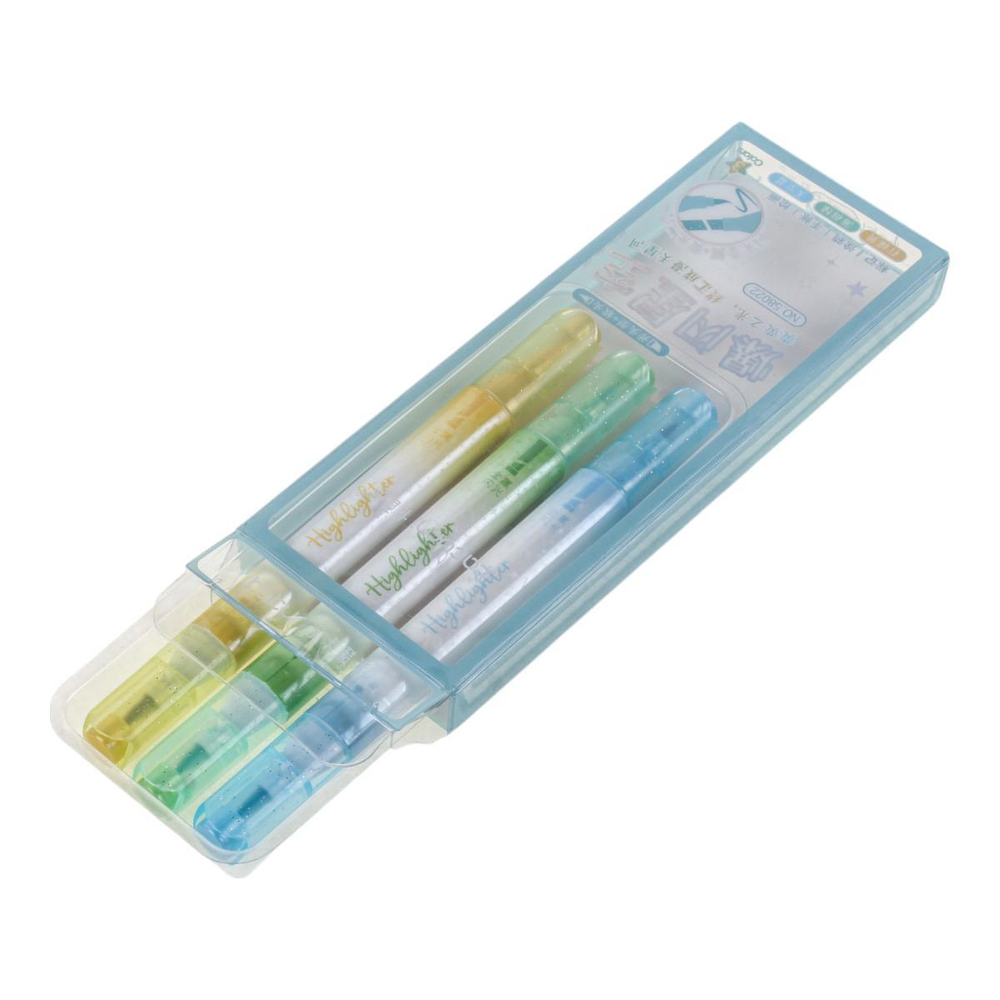 Набор текстовыделителей 3шт. 2-х стор,1 стор-кисточка,цв.пастель, 2 стор-с блестк. голубой