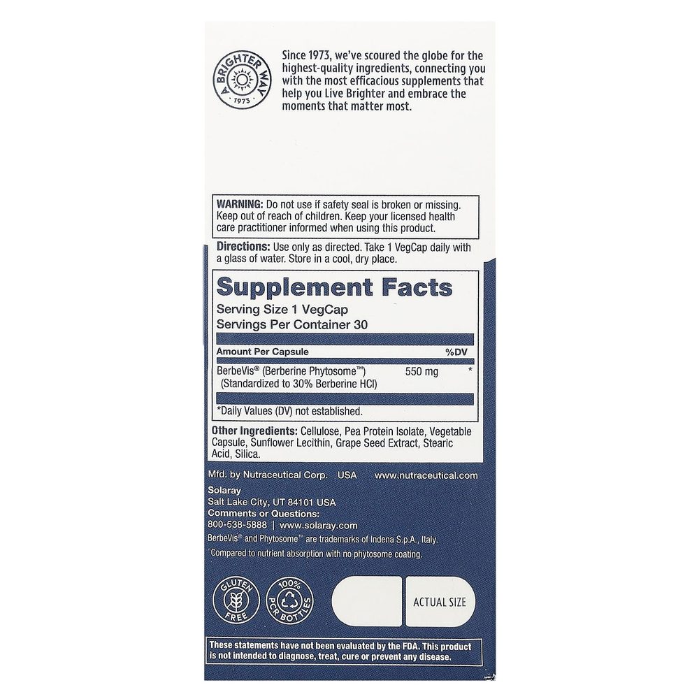 Solaray, Фитосомы берберина, 550 мг, 30 растительных капсул