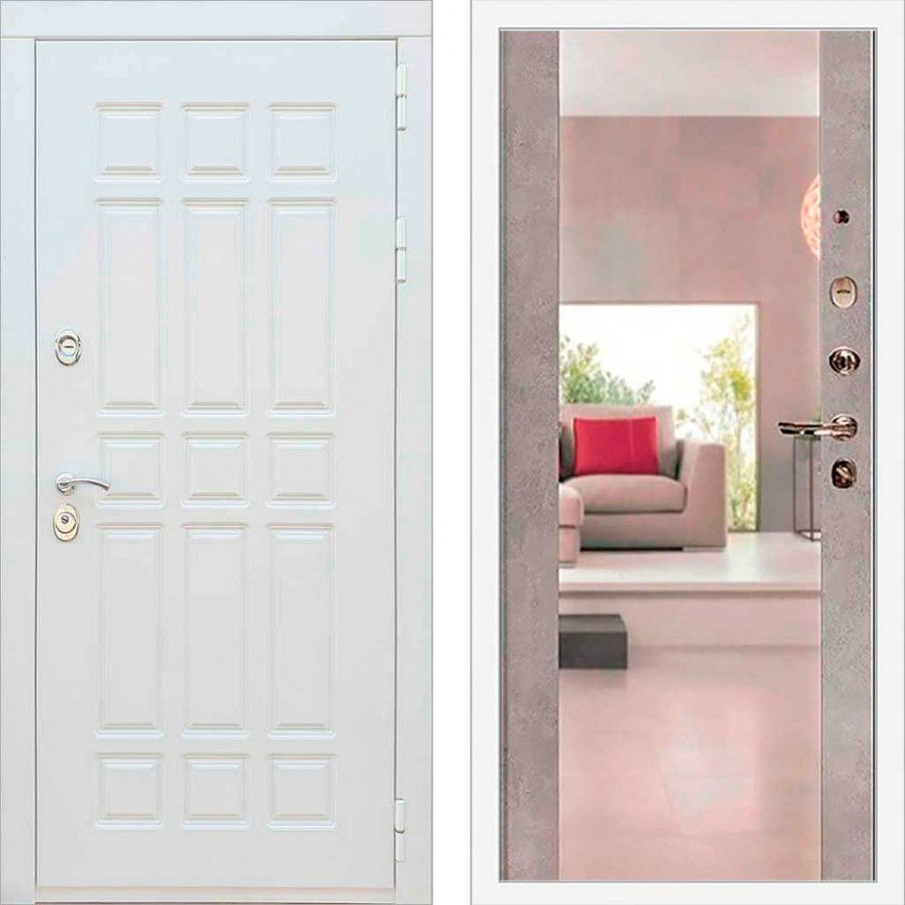 Входная металлическая белая дверь с зеркалом RеX (РЕКС) 8 Силк сноу / СБ-16 Бетон светлый 20мм